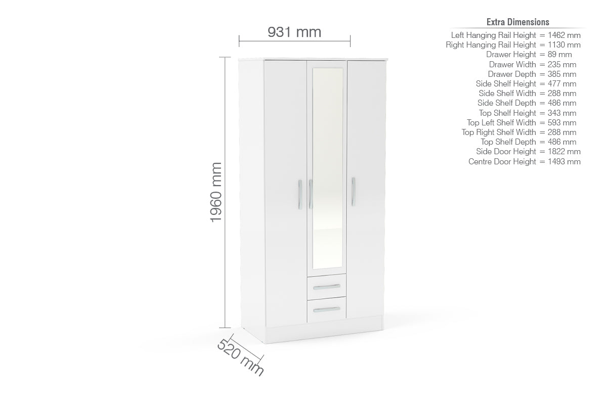 Lynx 3 Door 2 Drawer Wardrobe With Mirror