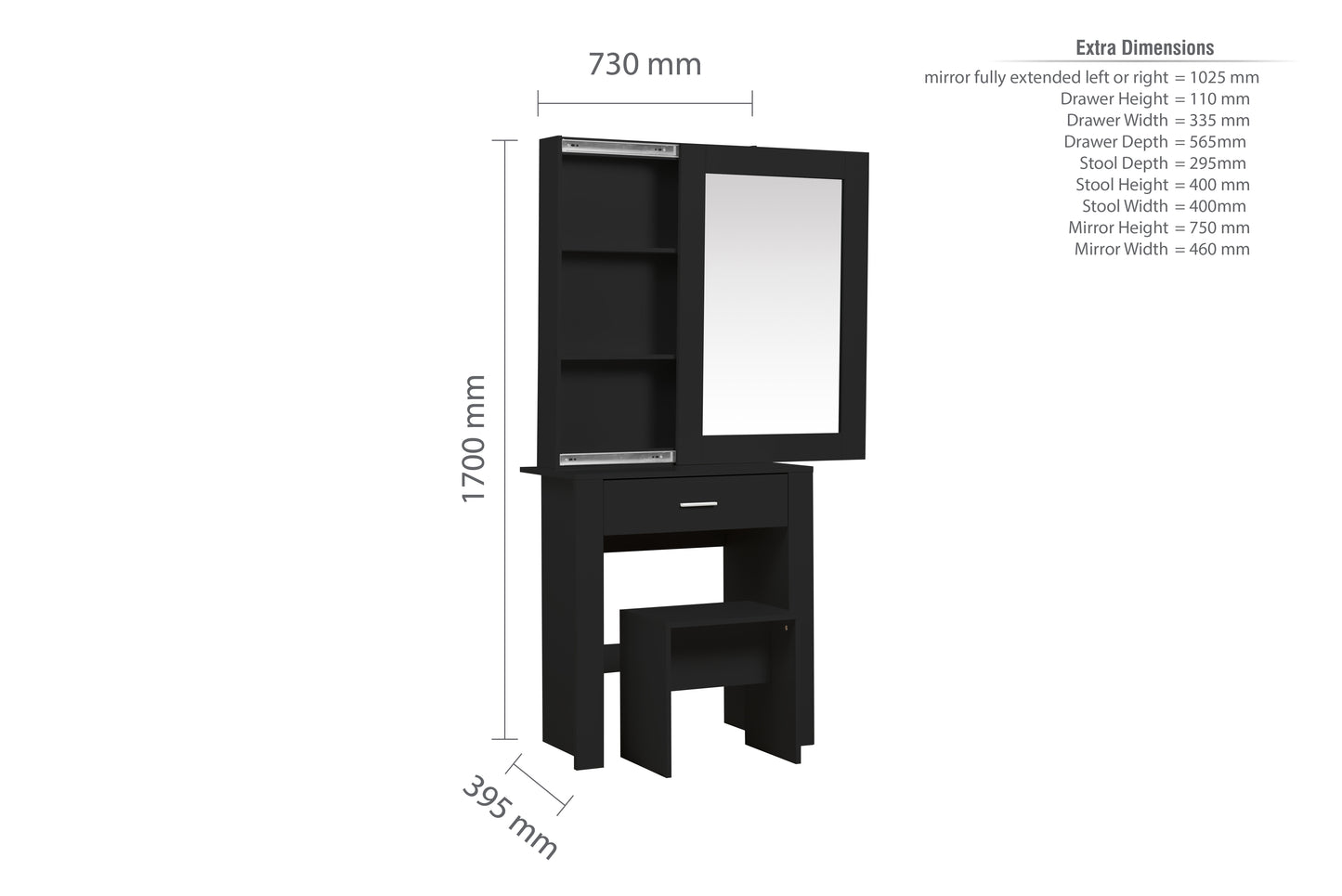 Evelyn 1 Drawer Sliding Mirror Dressing Table