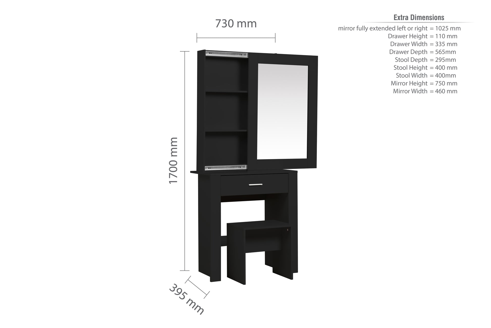 Evelyn 1 Drawer Sliding Mirror Dressing Table