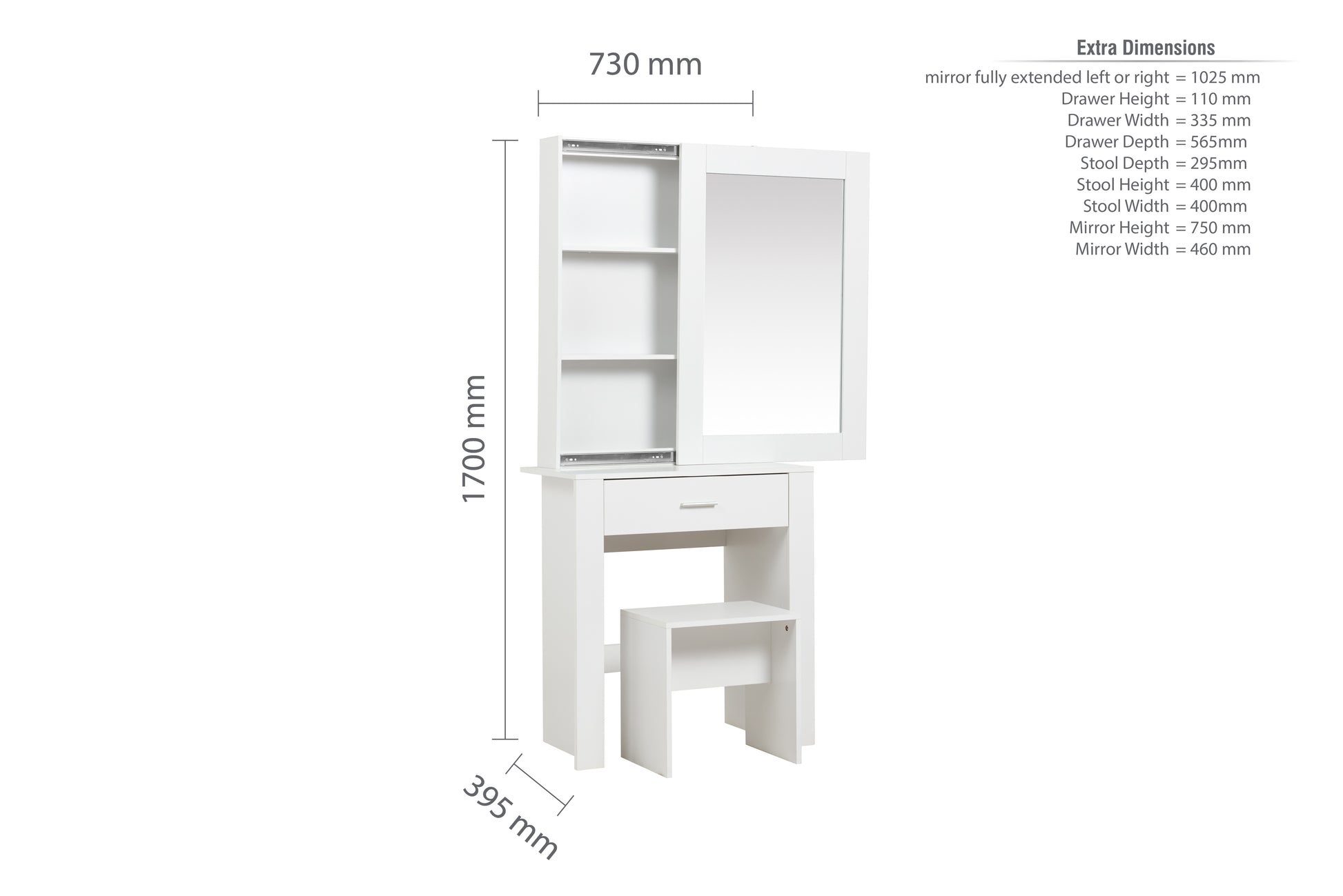 Evelyn 1 Drawer Sliding Mirror Dressing Table