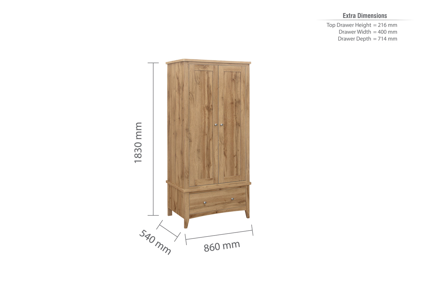 Hampstead 2 Door 1 Drawer Wardrobe