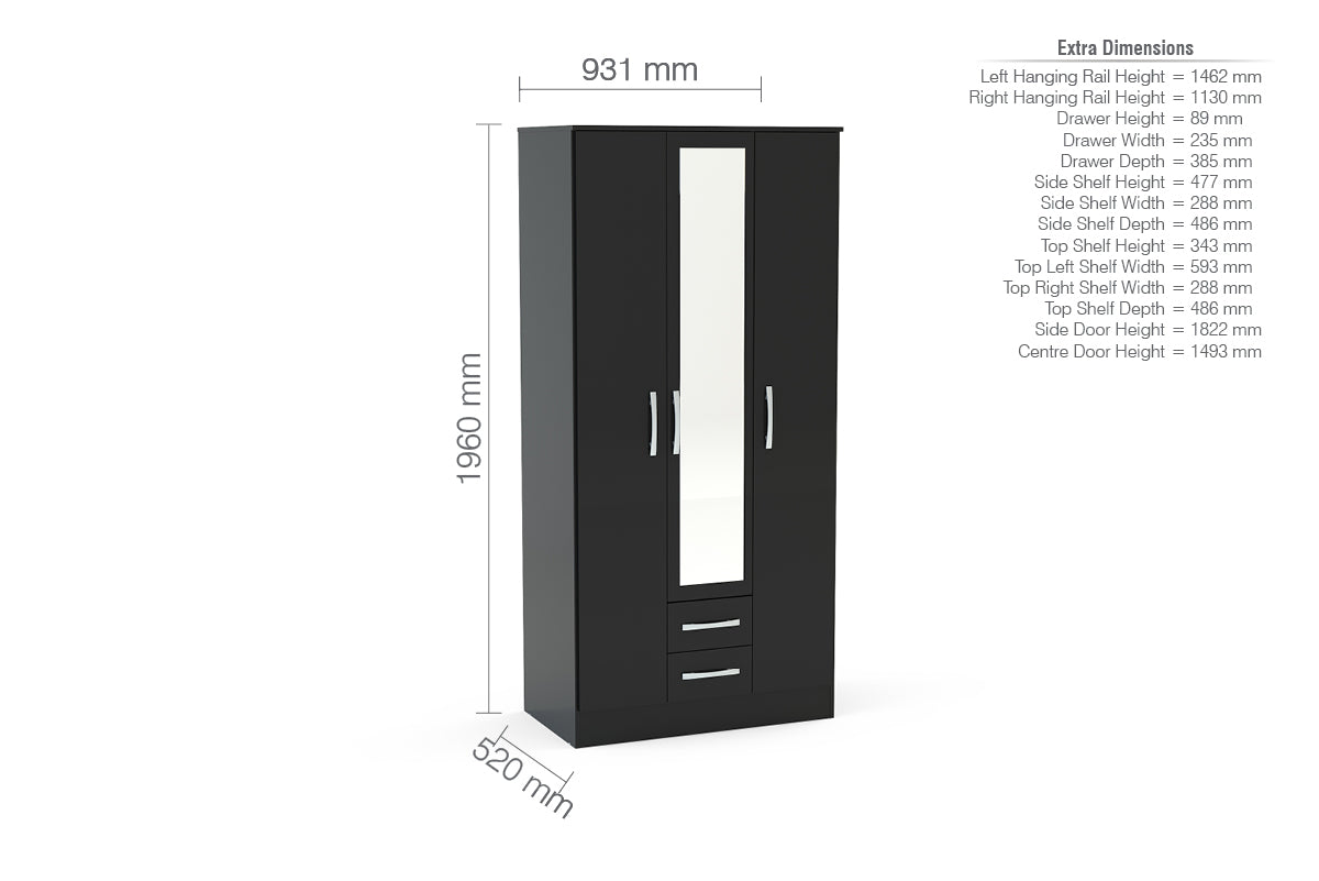 Lynx 3 Door 2 Drawer Wardrobe With Mirror