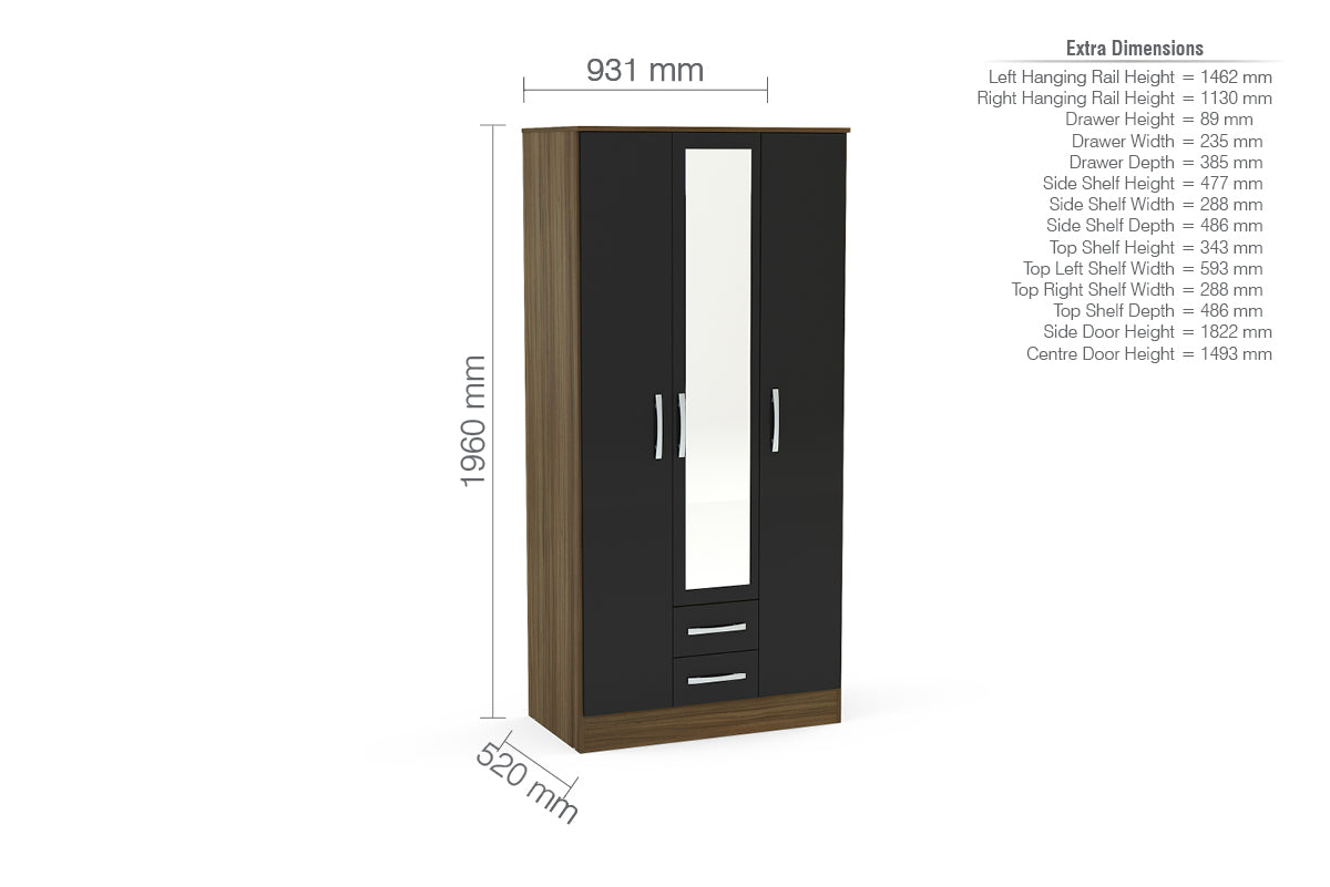 Lynx 3 Door 2 Drawer Wardrobe With Mirror