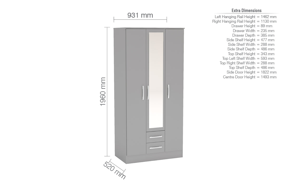 Lynx 3 Door 2 Drawer Wardrobe With Mirror