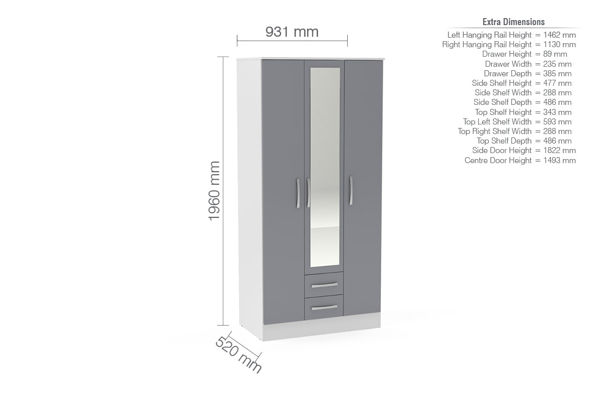 Lynx 3 Door 2 Drawer Wardrobe With Mirror