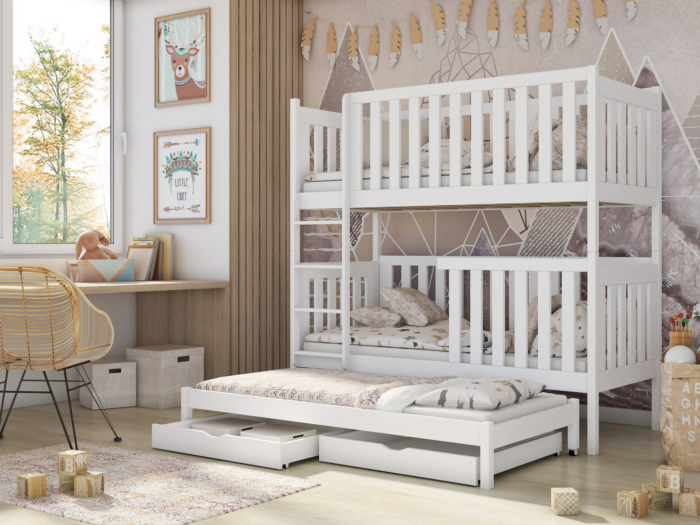 Wooden Bunk Bed Emily with Trundle and Storage