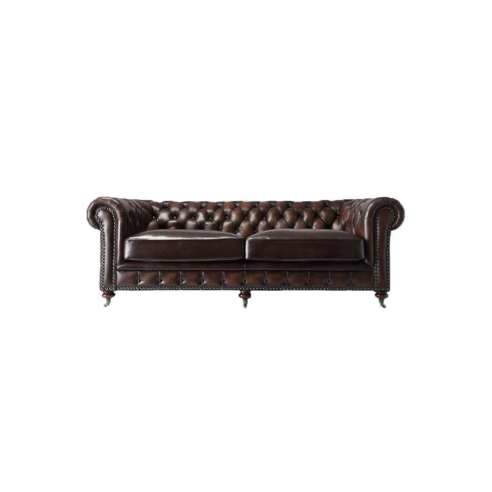 Chesterfield Two Seater Sofa, Drak Brown Real Leather- | Get A Free Side Table Today